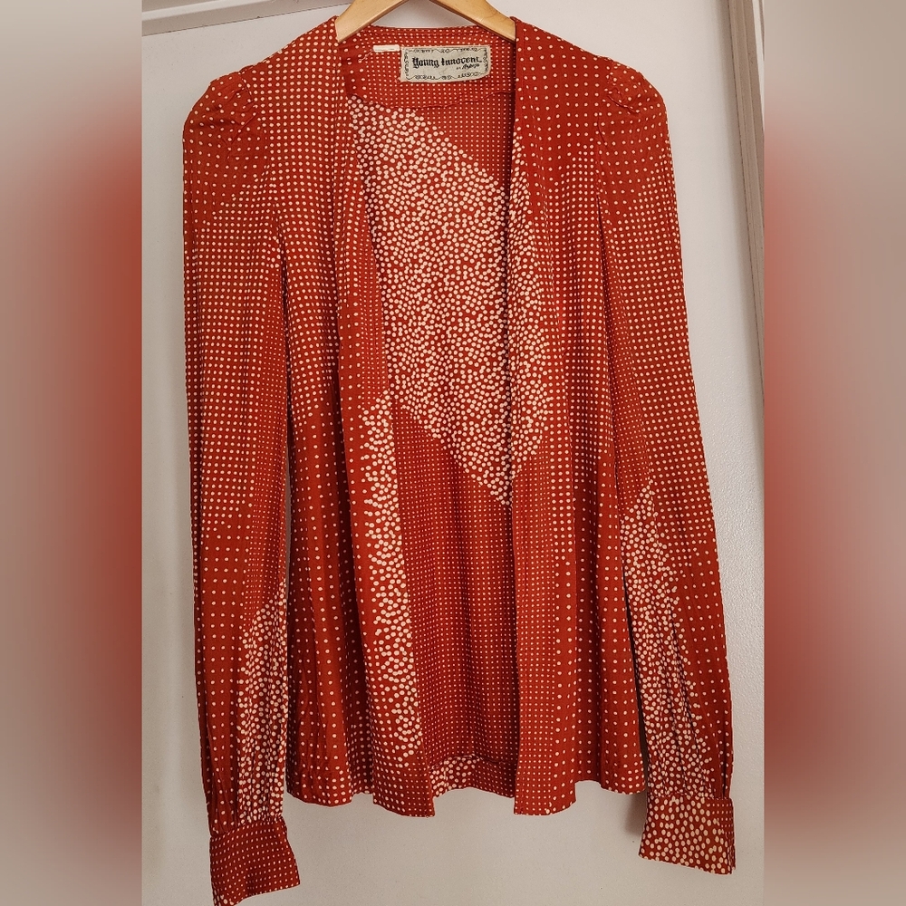 Vintage Young Innocent By Arpeja 70s Red and White‎ Polka Dot Open Blouse Sz S
